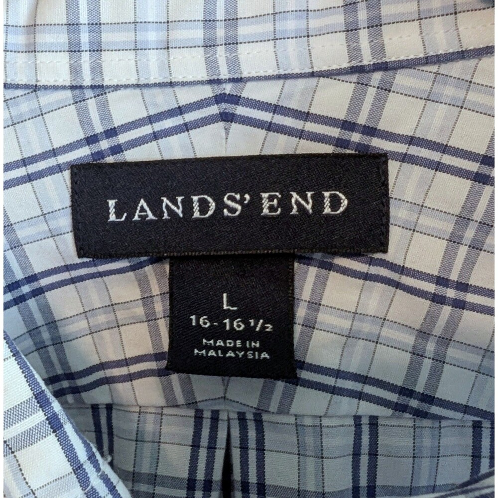 Lands' End Mens Large 16 Blue Check Dress Shirt Button Up Cotton Long Sleeve 1/2 - Picture 3 of 5